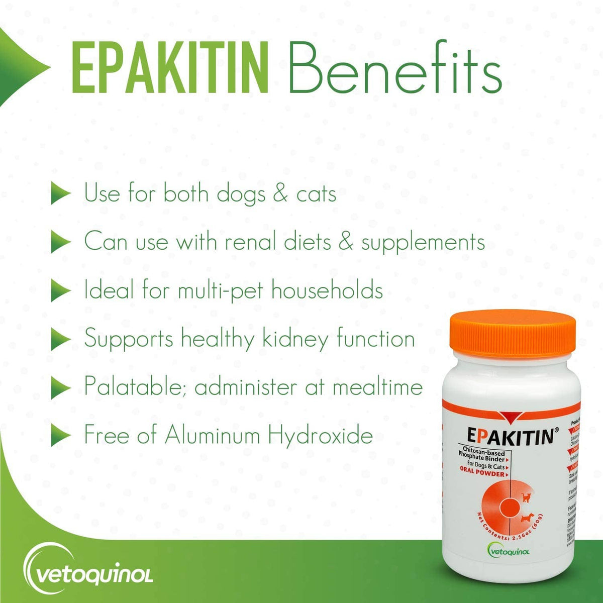 Epakitin 60g oral powder bottle with orange cap, shown in packaging layout