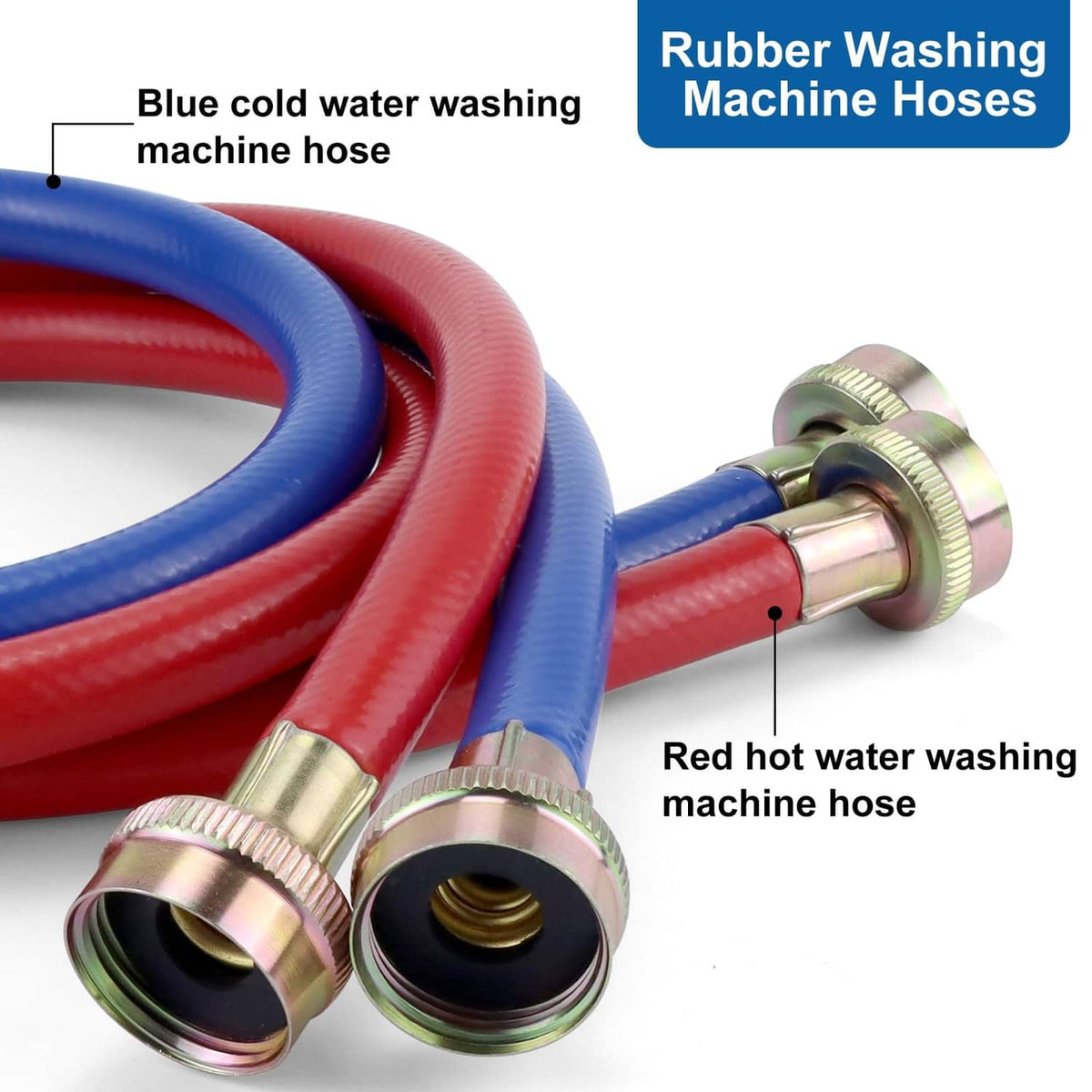 Cold blue and hot red washer machine hoses with brass threaded connectors