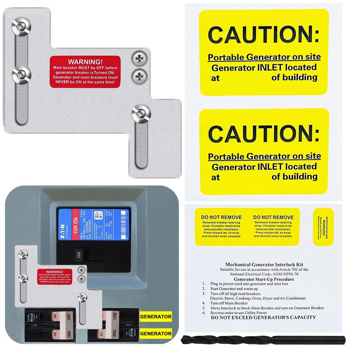 Metal generator interlock kit bracket with warning labels and mounting hardware