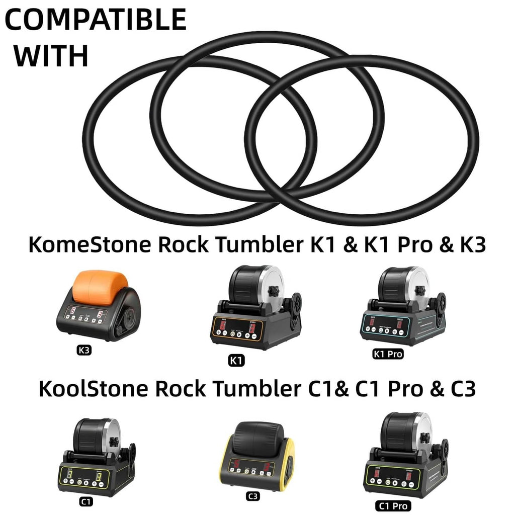 Rock tumbler belt set, black rubber loops shown with compatibility layout