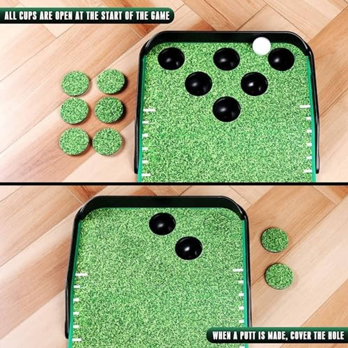 Indoor putting green game tray with ball-in-holes targets and green cups