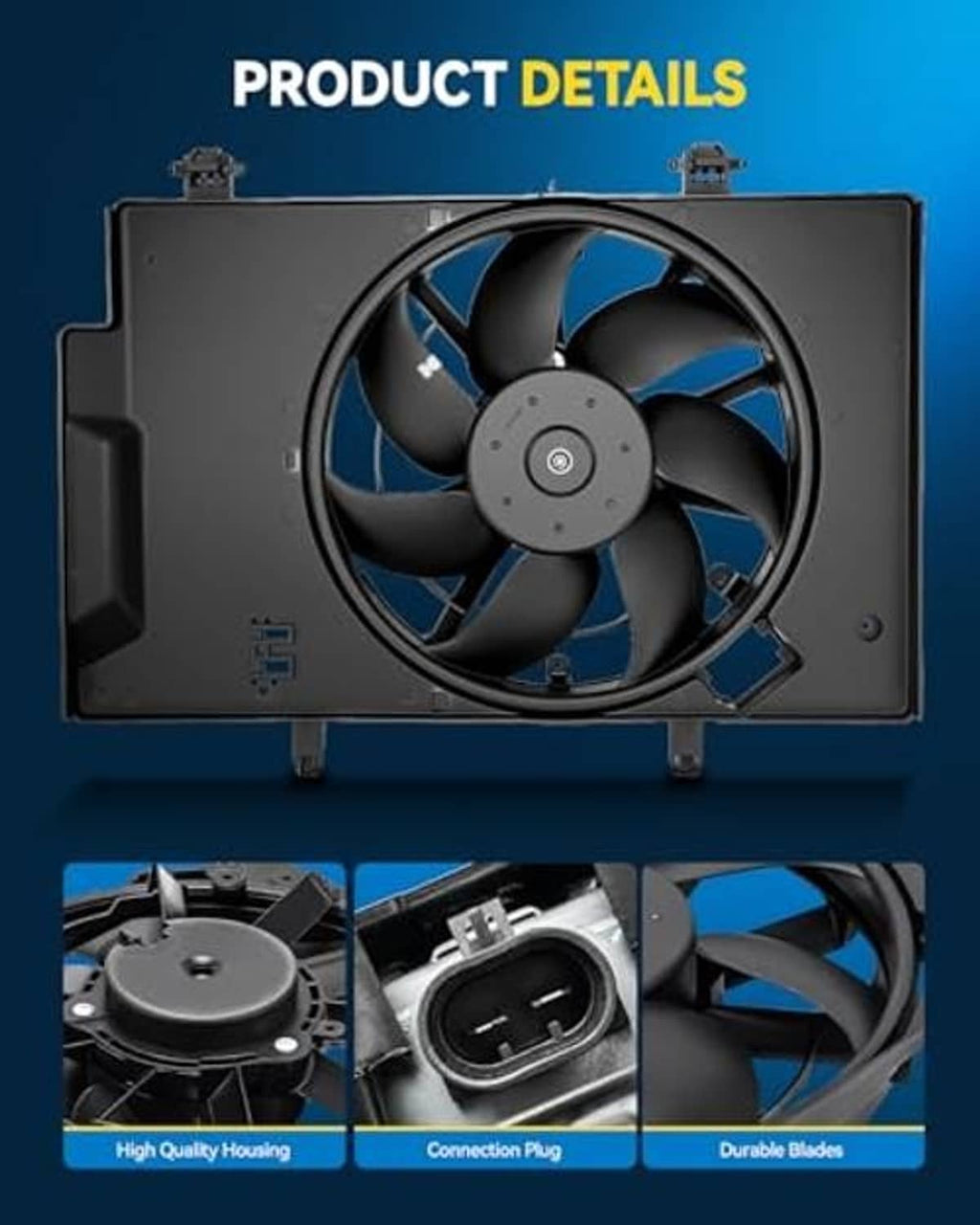 Black radiator cooling fan with multi-blade impeller and round motor hub, close-up.