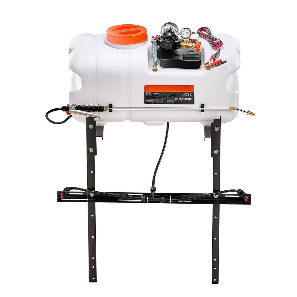 ATV/UTV spot sprayer unit with white tank, orange cap, and control pump