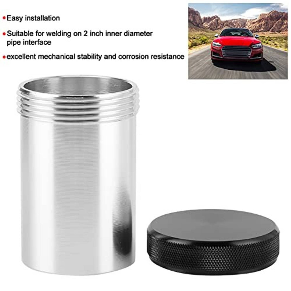 Aluminum weld-in bung with threaded inlet and black textured cap, product set