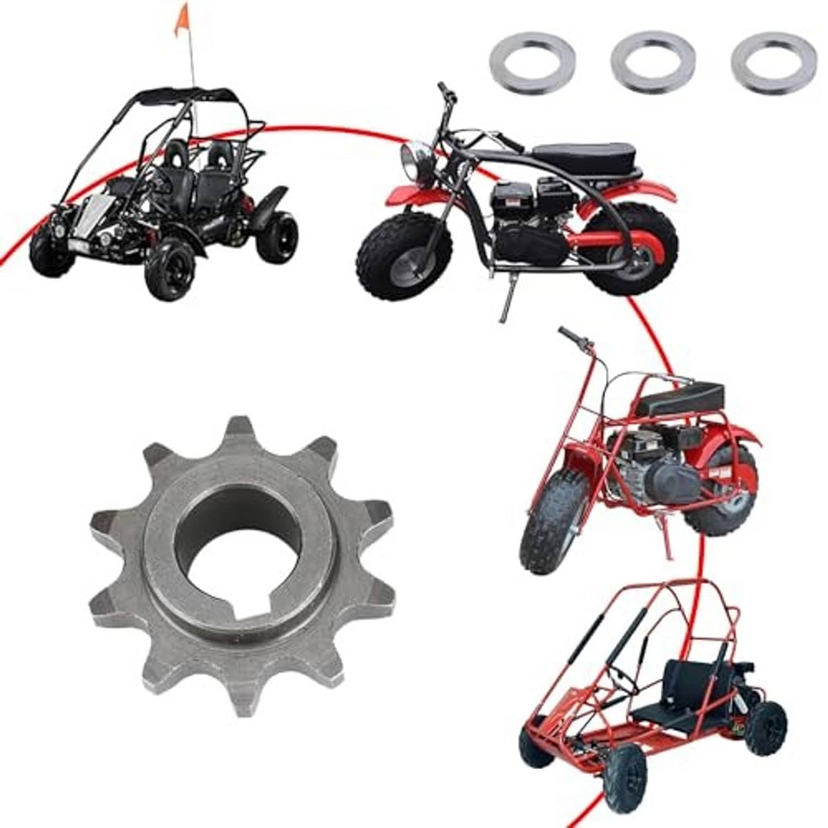 10-tooth sprocket gear with spacer washers set, shown with multiple mounting uses