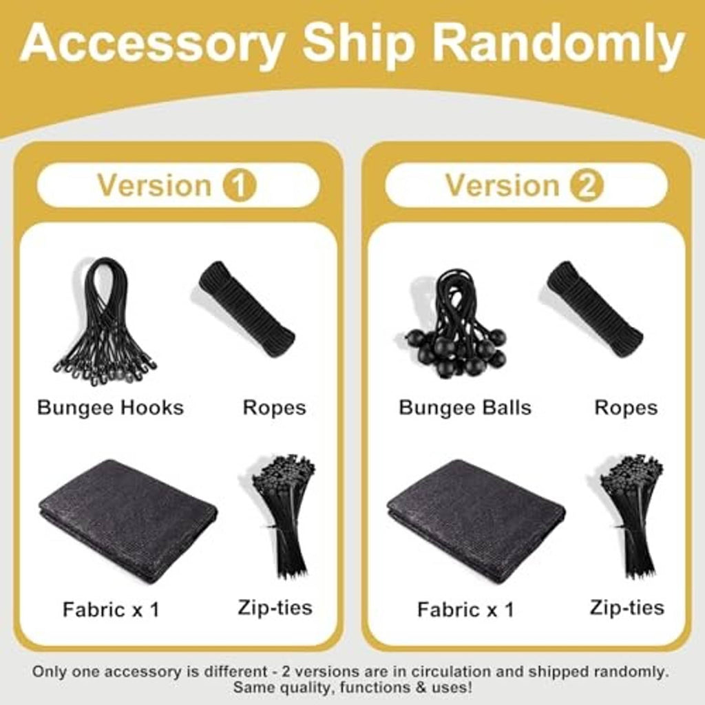 Accessory set for shade cloth: black bungee hooks, rope, ties, and fabric pieces.