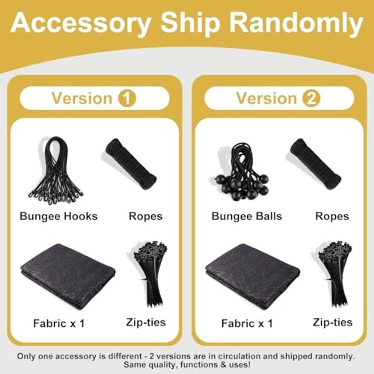 Accessory set for shade cloth: black bungee hooks, rope, ties, and fabric pieces.