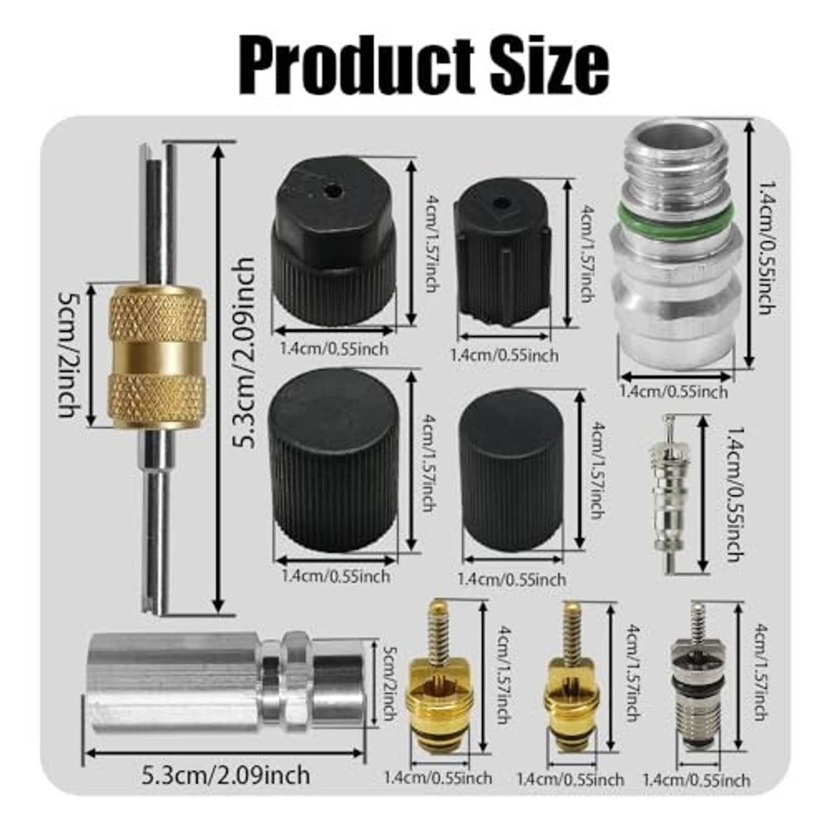 A/C valve core size diagram with silver valve and green O-ring, dimensions shown