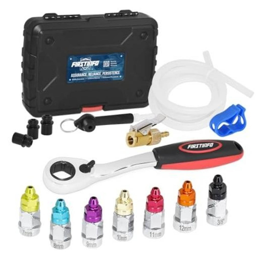 FIRSTINFO brake bleeder ratchet wrench kit with sockets, seals, hose, and case
