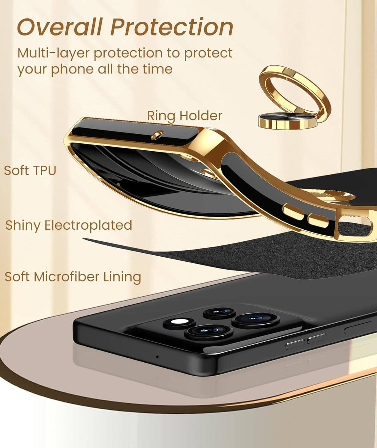 Gold and black phone case with ring holder, soft TPU sides, and microfiber lining
