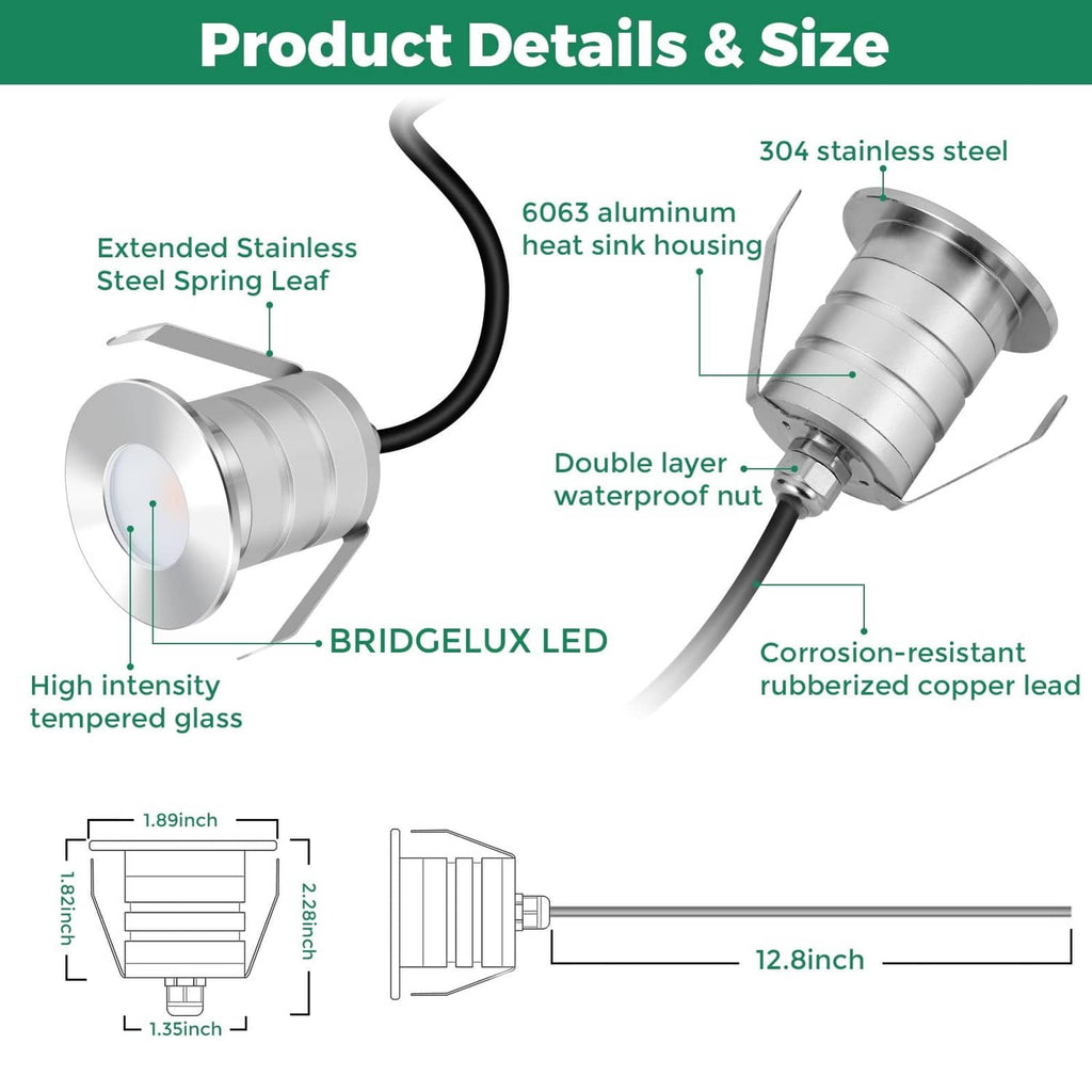 Recessed LED light details with stainless steel body, waterproof nut, and spring leaf