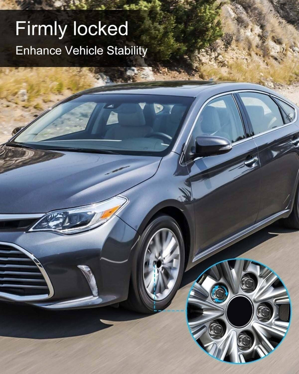 Chrome wheel lock lug nuts kit displayed on a sedan front wheel and tire
