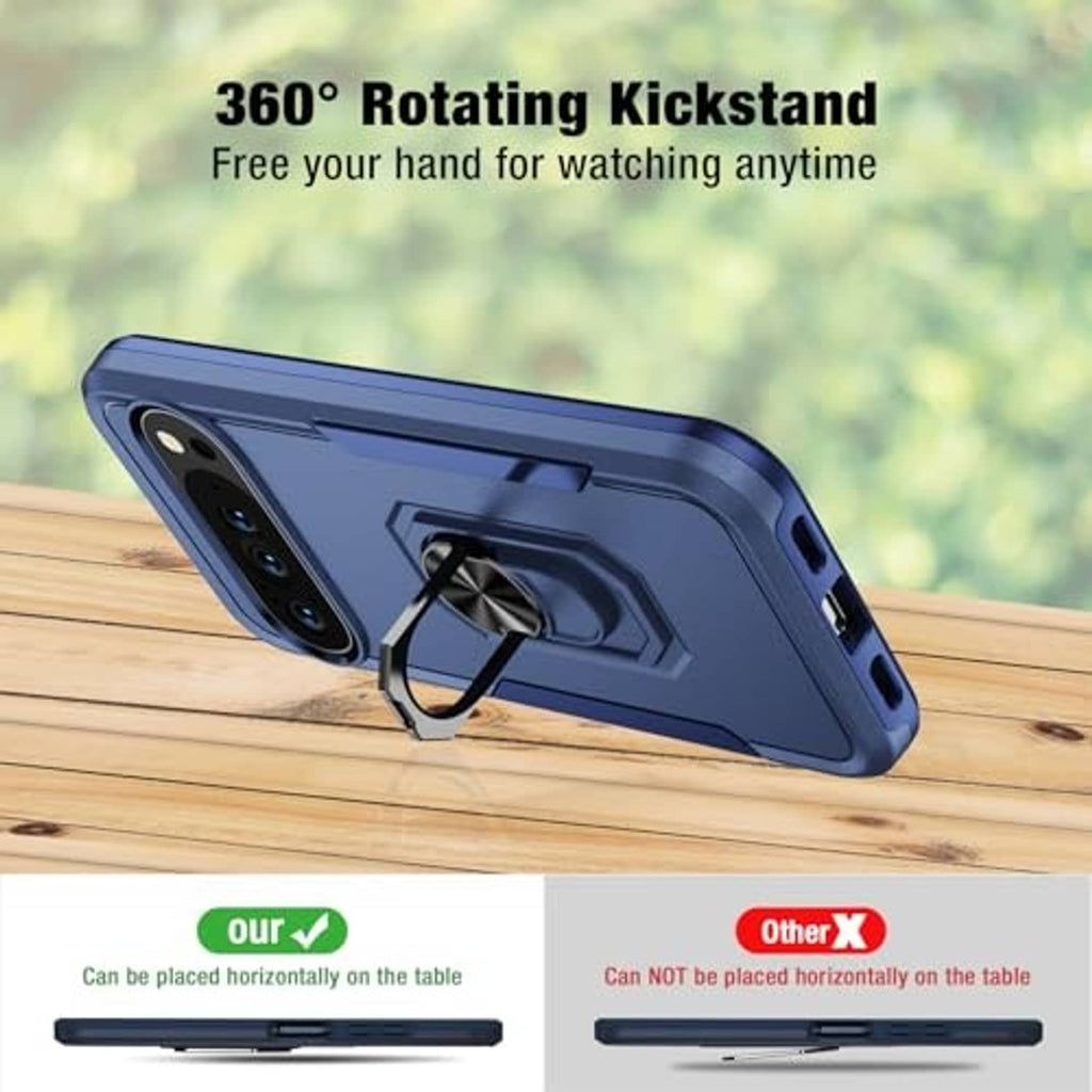 Dark blue phone case with fold-out kickstand and side button cutouts.