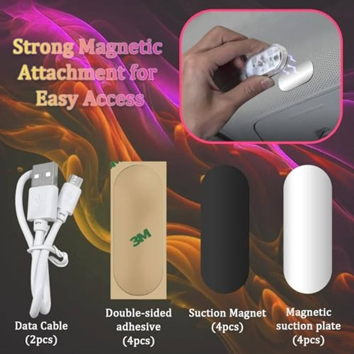 Magnetic car interior LED panel with suction plate, double-sided adhesive, and data cable