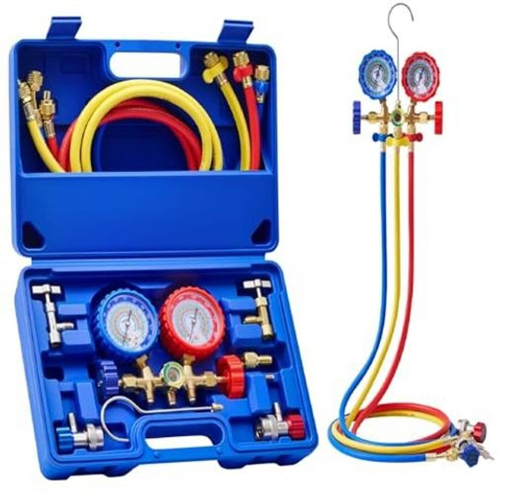 AC manifold gauge set in blue hard case with two pressure gauges and multicolor hoses