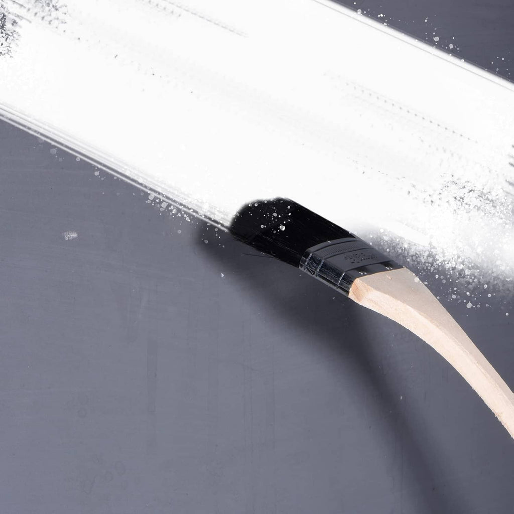Bent radiator paint brush with black bristles, angled head, and wood handle
