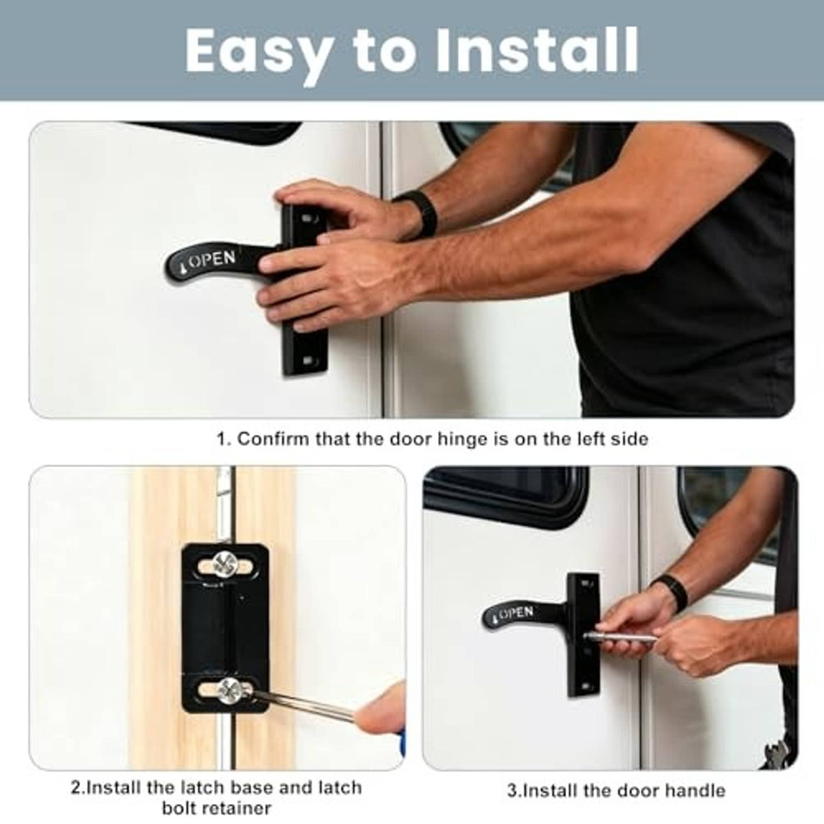 Black RV screen door latch handle installation with hands mounting the latch