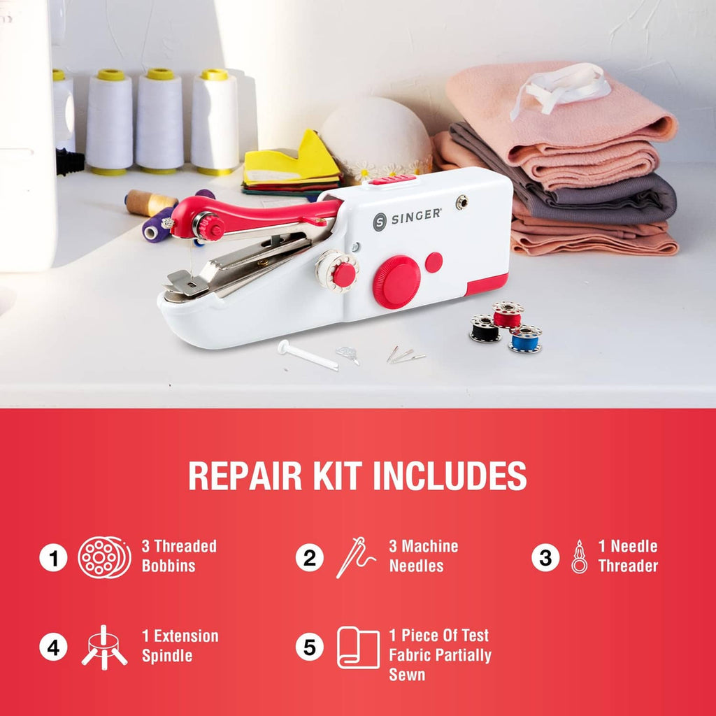 SINGER Stitch Sew Quick handheld cordless sewing machine with accessories on white surface