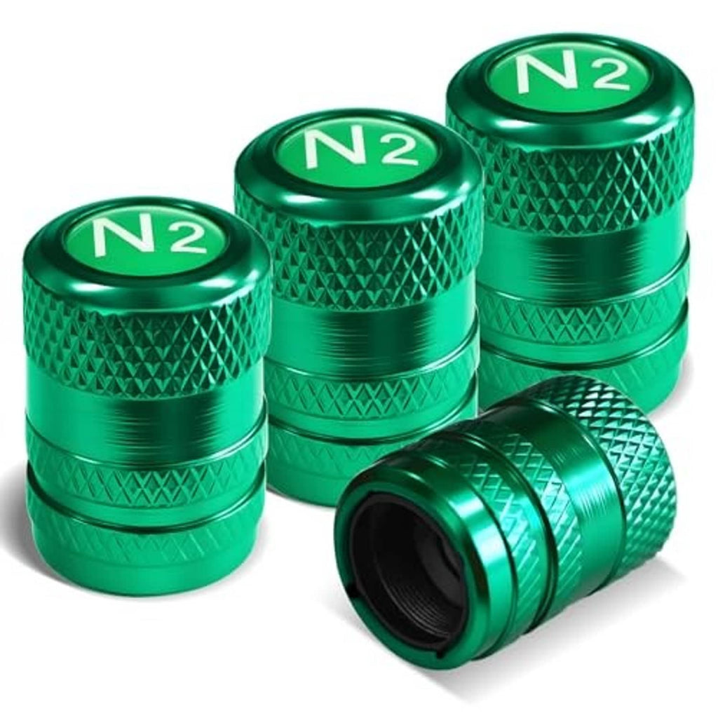 Green aluminum tire valve stem caps with N2 top logo and textured grip, 4-pack.