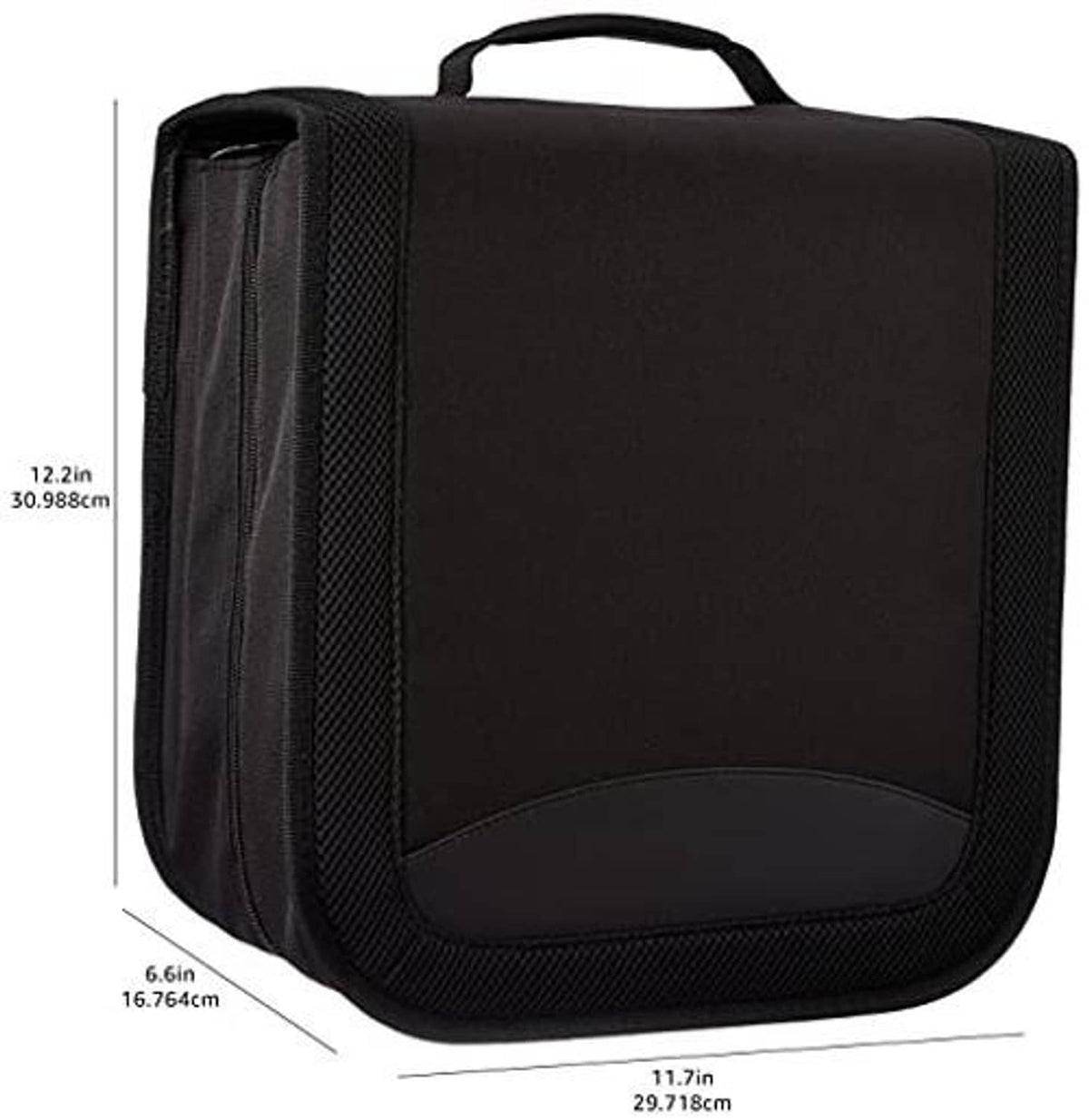 Black CD/DVD binder case with size outline dimensions and front viewing panel