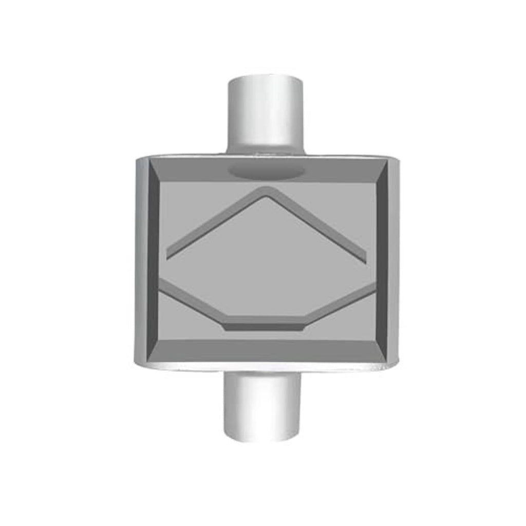 Silver square muffler housing with central raised panel and outlet tube