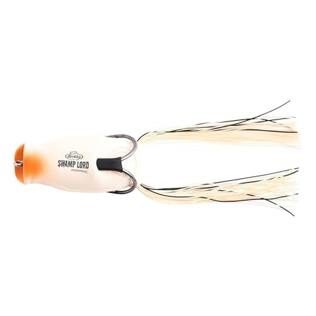 Tan frog hollow-body popping lure with two barbed hooks and long cream skirt