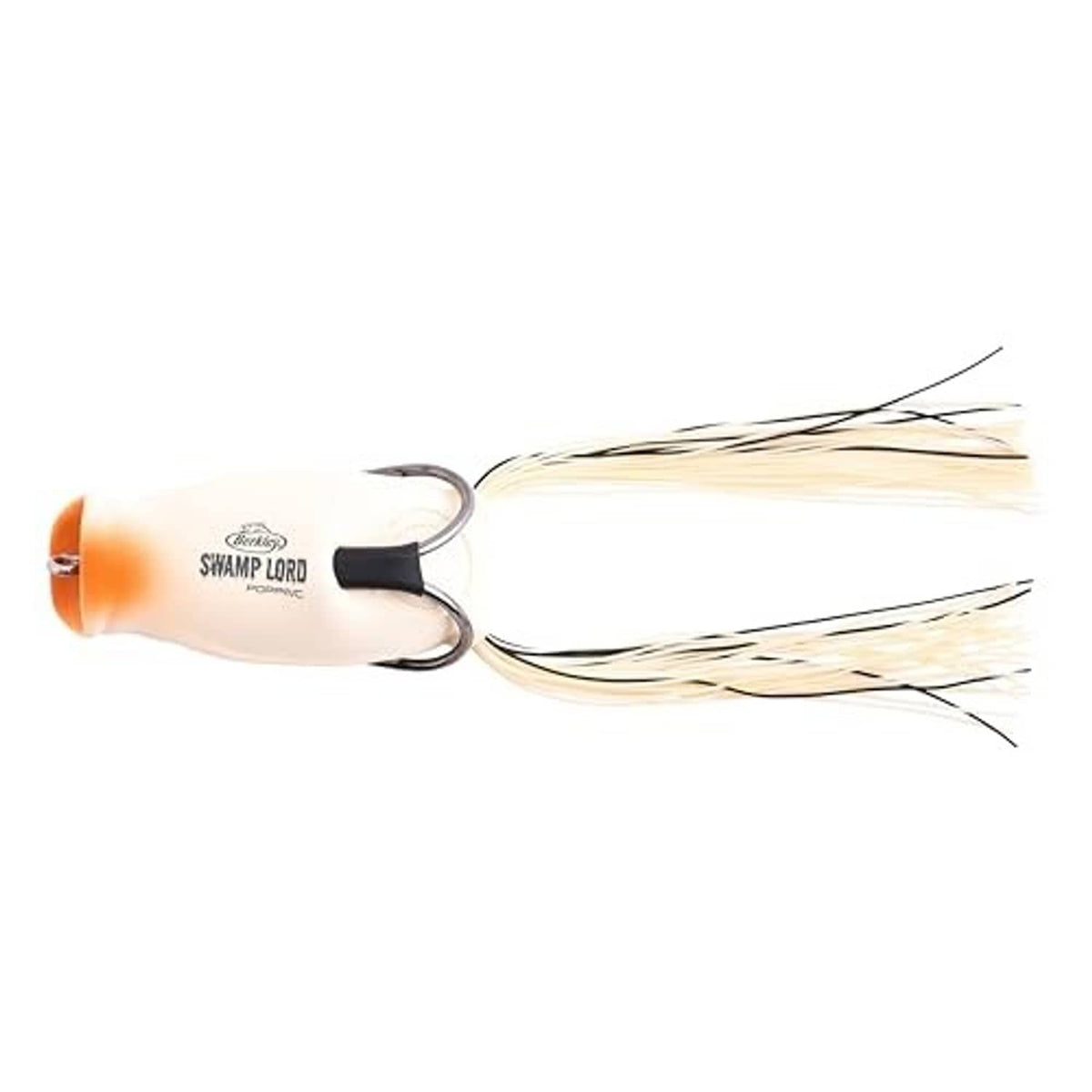Tan frog hollow-body popping lure with two barbed hooks and long cream skirt