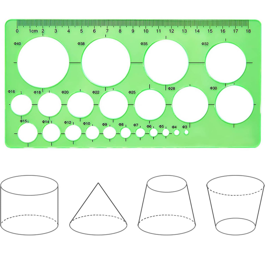Green plastic circle drawing template with numbered diameter guides and cutouts