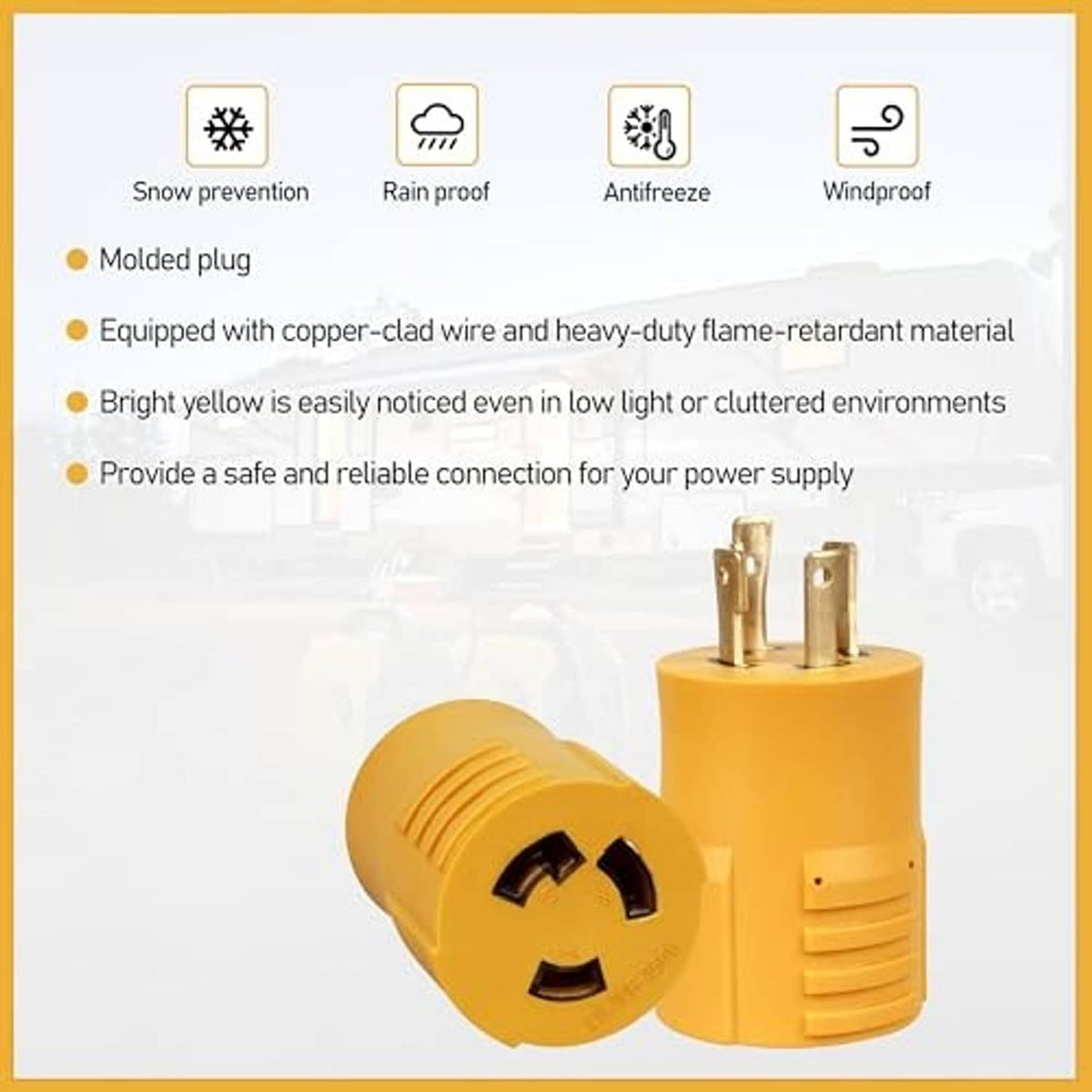 Yellow adapter plug with exposed metal prongs and textured grip body