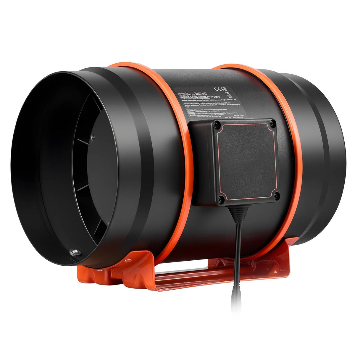 8-inch inline duct fan with orange trim ring and front inlet opening