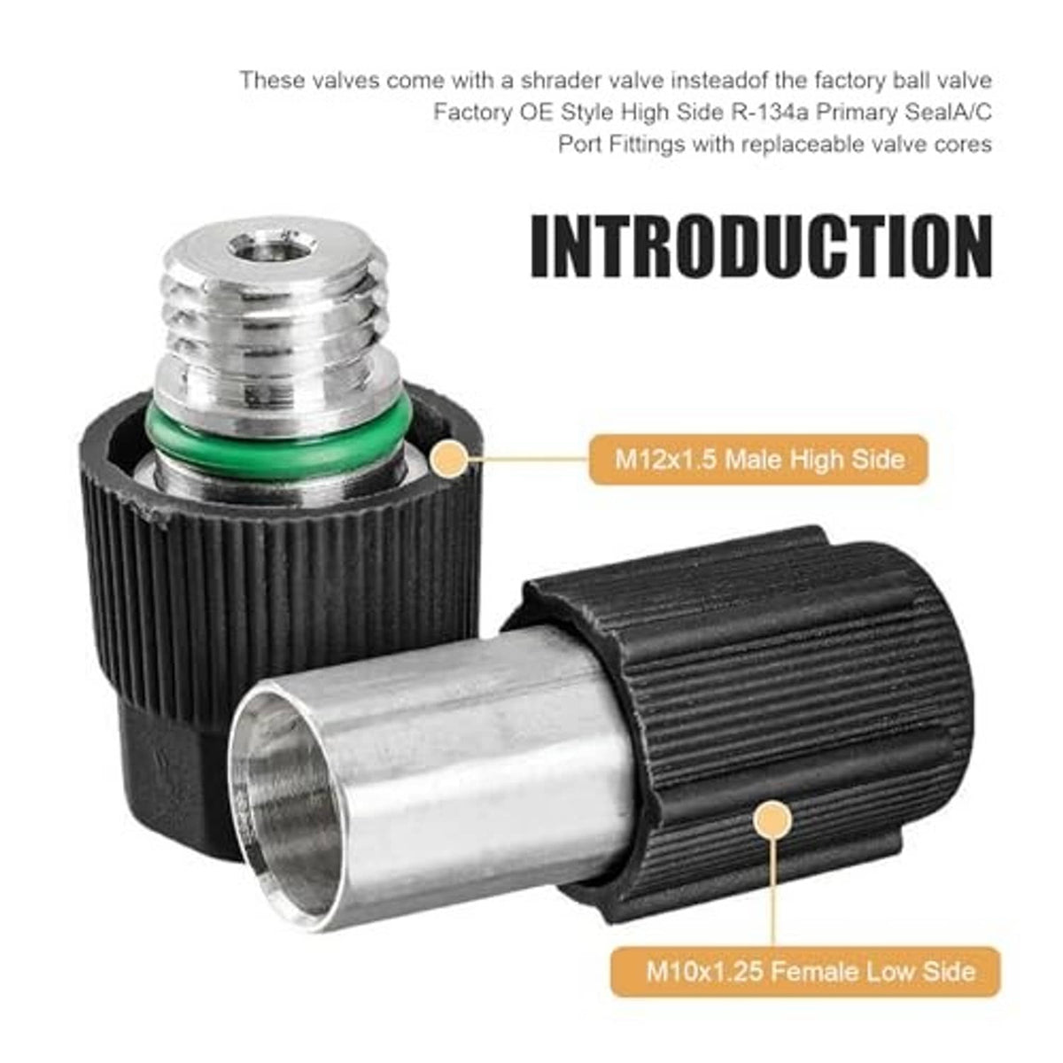 A/C Schrader valve core kit with threaded valve body, black grip, and metal fittings