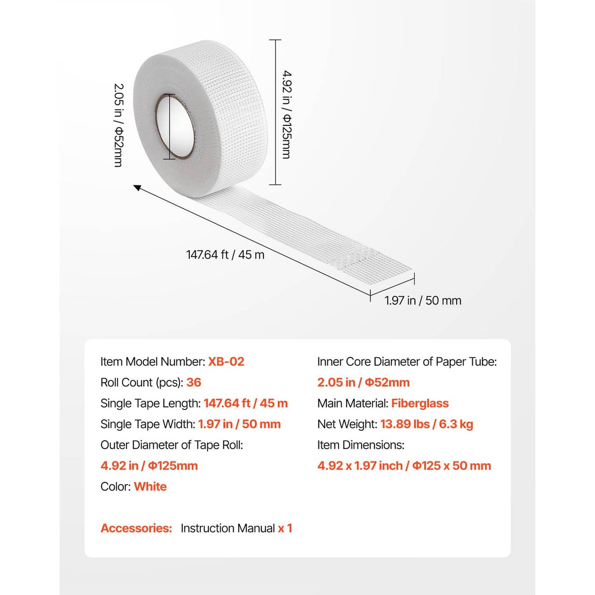 Drywall joint tape roll dimensions: 147.64 ft (45 m) x 1.97 in (50 mm), white
