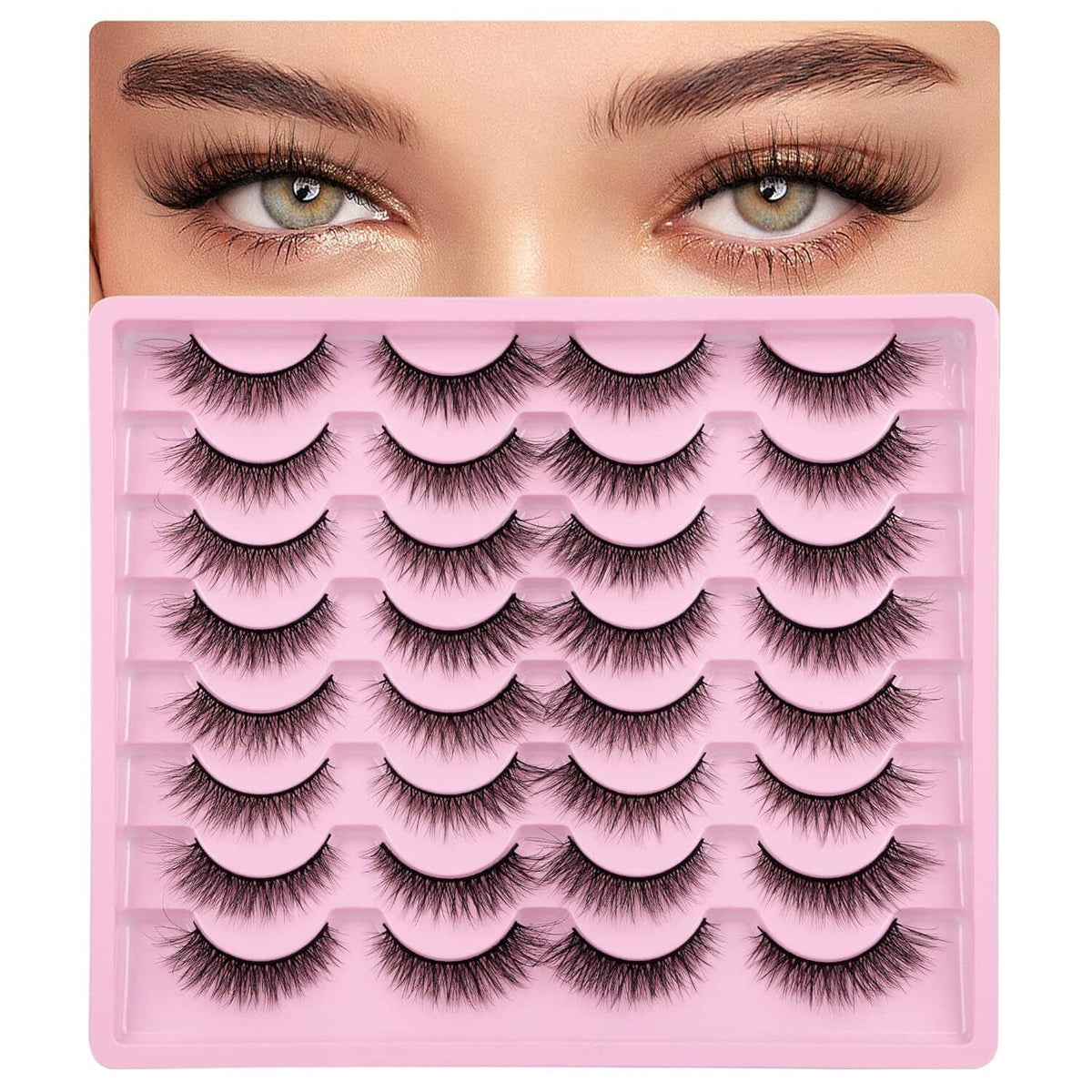 Set of dark cat-eye false eyelashes on a tray, multiple lash bands