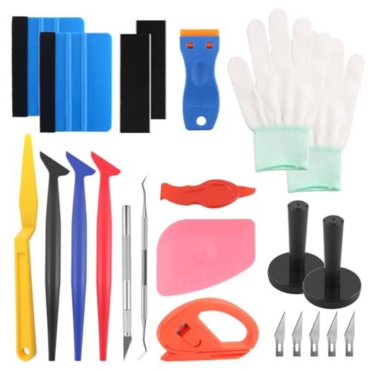 Vinyl wrap tool kit with white gloves, colored squeegees, and black magnetic holders