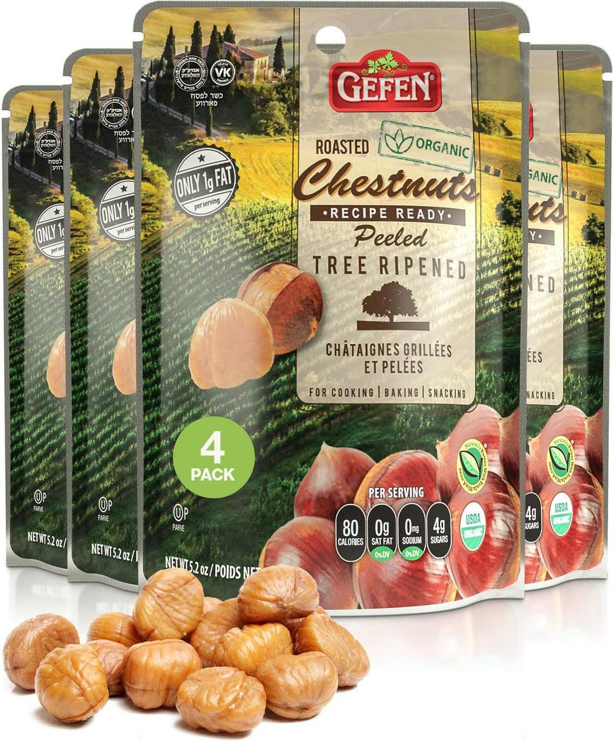 Roasted organic peeled chestnuts, 4-pack stand-up pouches with loose chestnuts