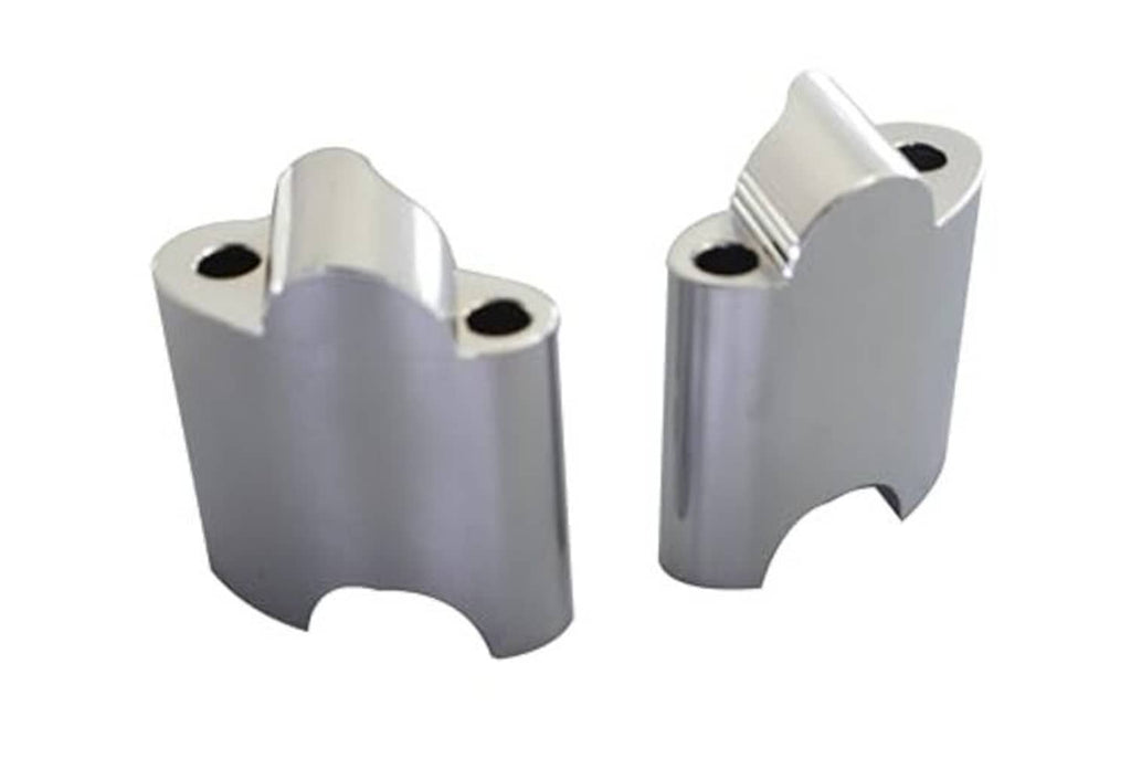 Pair of chrome motorcycle handlebar riser clamp brackets with mounting bolt holes.