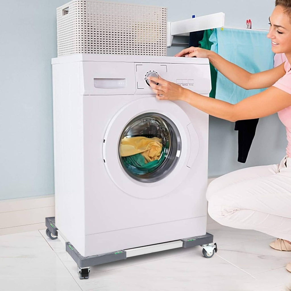 Grey appliance dolly cart rolling under a front-load washing machine