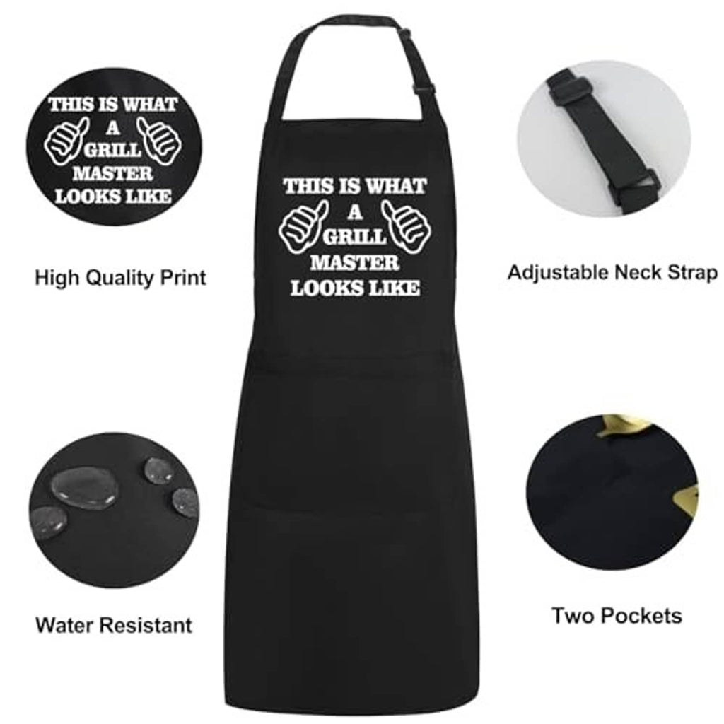 Black grilling apron details: adjustable neck strap, two pockets, water-resistant finish