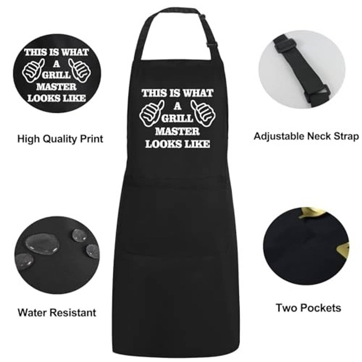 Black grilling apron details: adjustable neck strap, two pockets, water-resistant finish