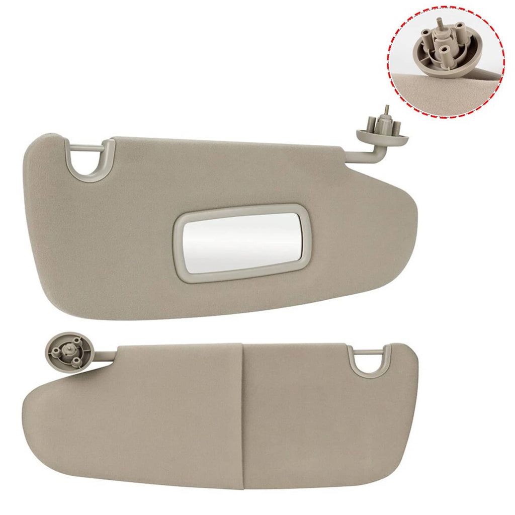 Beige sun visors with top latch tabs and mounting hardware shown