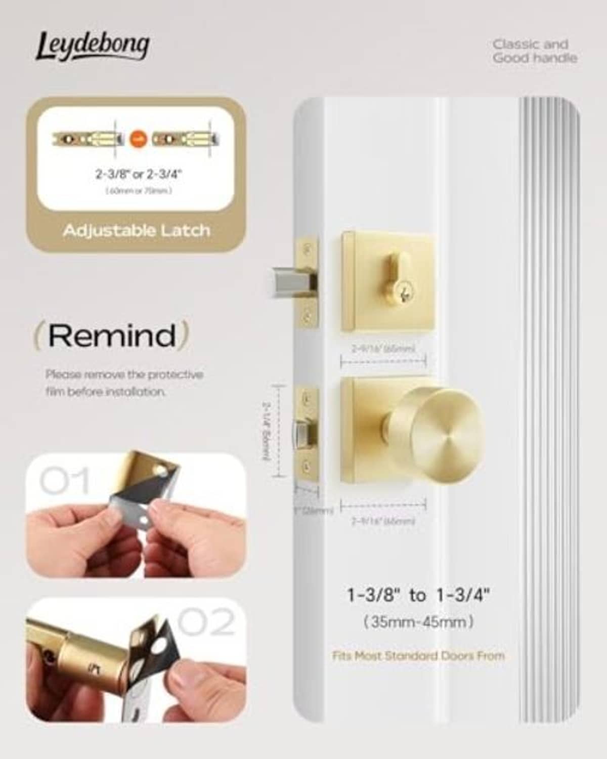 Satin brass deadbolt lock set with adjustable latch range and fit notes.