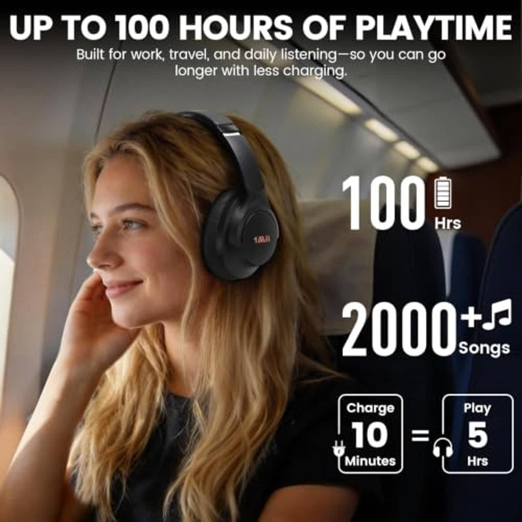 Black over-ear headphones worn by a woman, adjustable headband and cushioned ear pads.