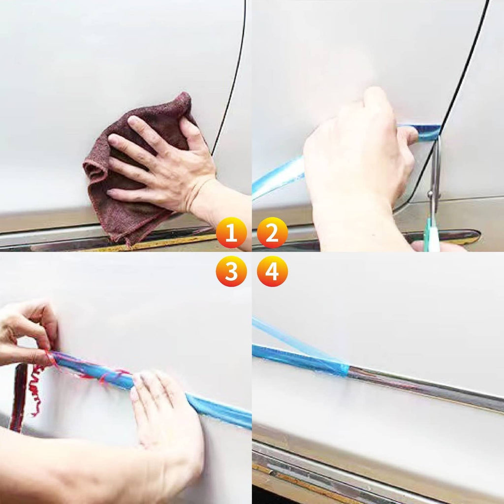Hands applying glossy black auto trim molding along a car door edge
