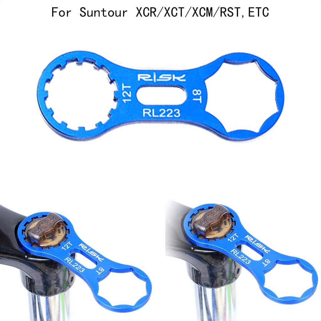 Blue bicycle suspension fork cap spanner wrench with 12T and RL223 markings and handle loop.