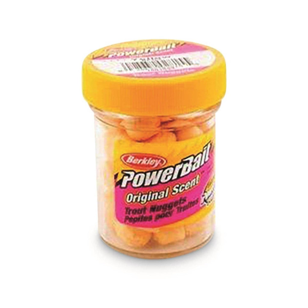 Berkley PowerBait Original Scent trout nuggets jar with orange bait nuggets in clear container