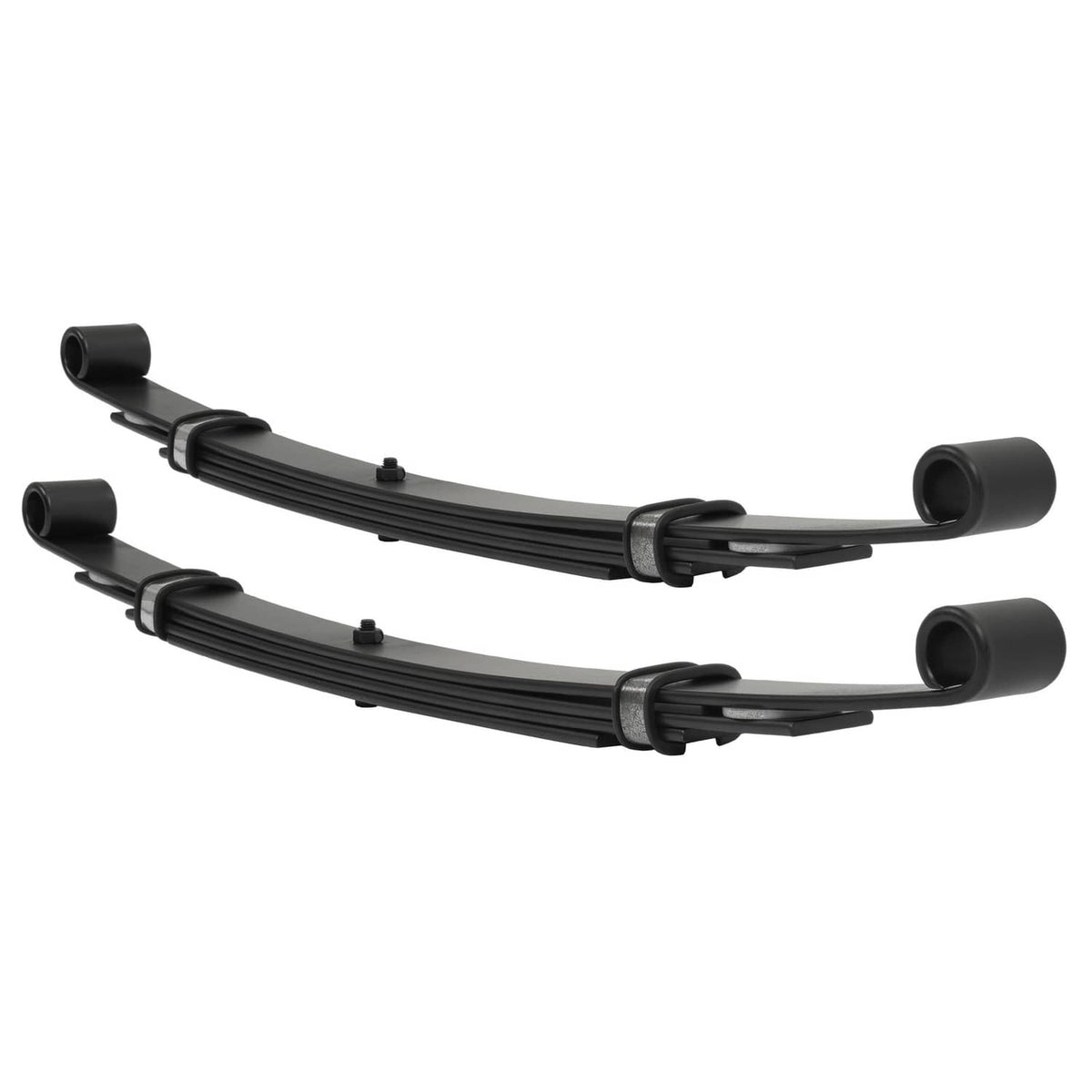 Rear leaf spring kit: two black leaf springs with end bushings and mounting brackets