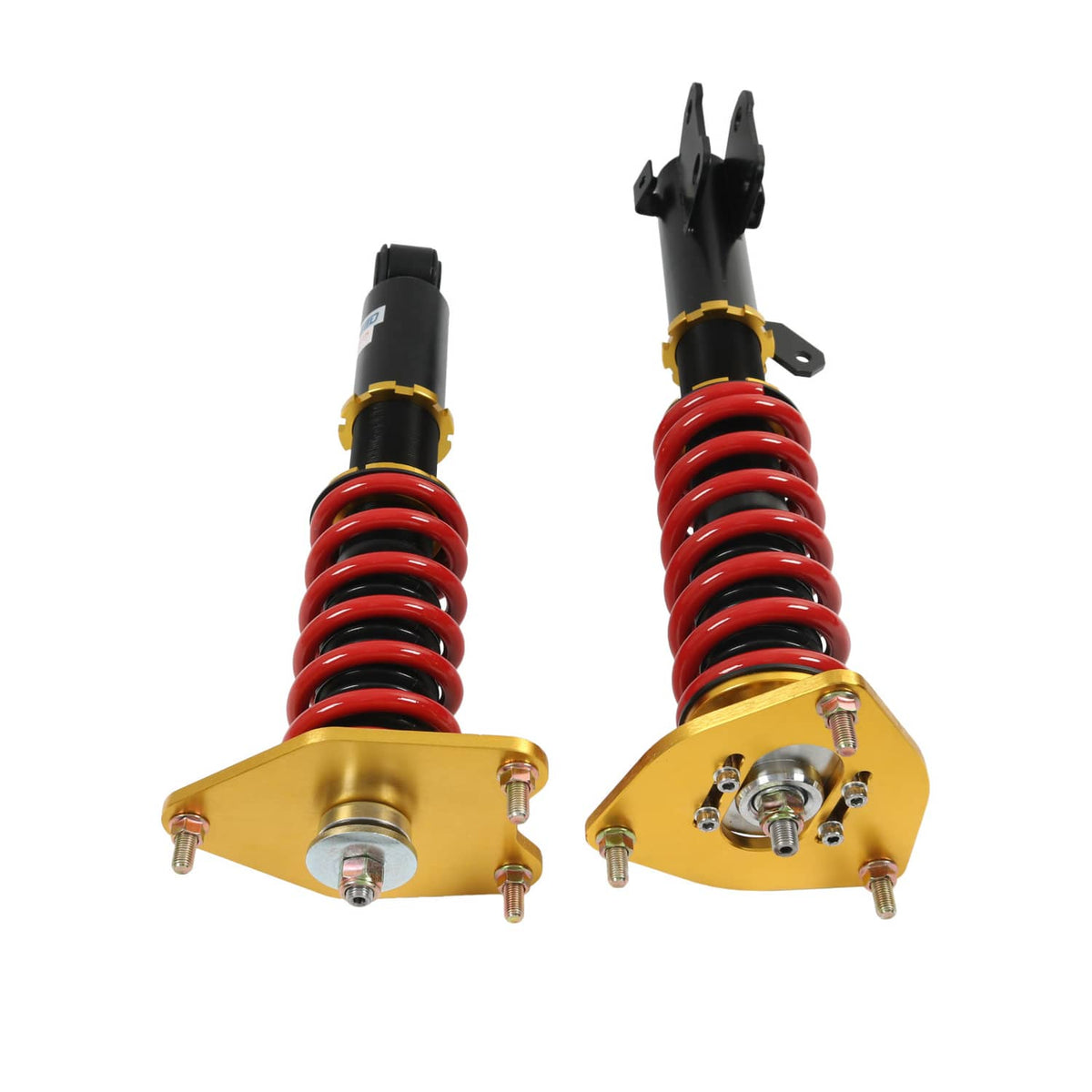 Two coilover struts with gold spring seats and red coils, black shock housings