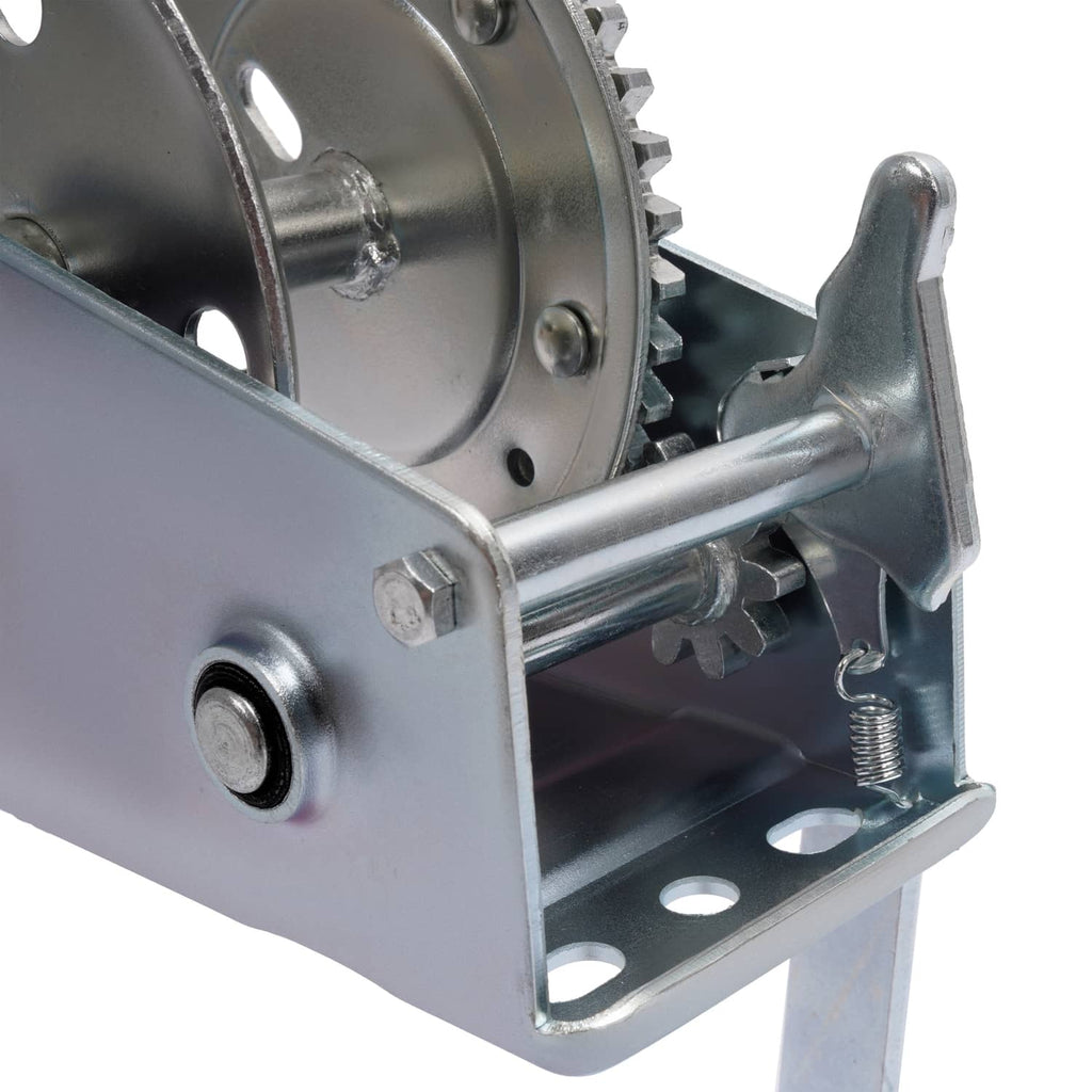 Galvanized steel winch housing with ratchet gear, bolts, and lever arm bracket