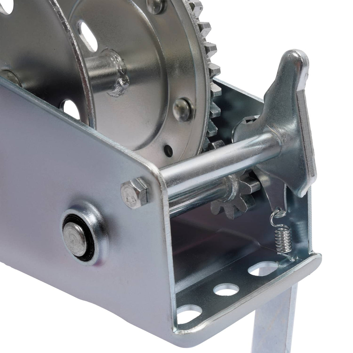 Galvanized steel winch housing with ratchet gear, bolts, and lever arm bracket