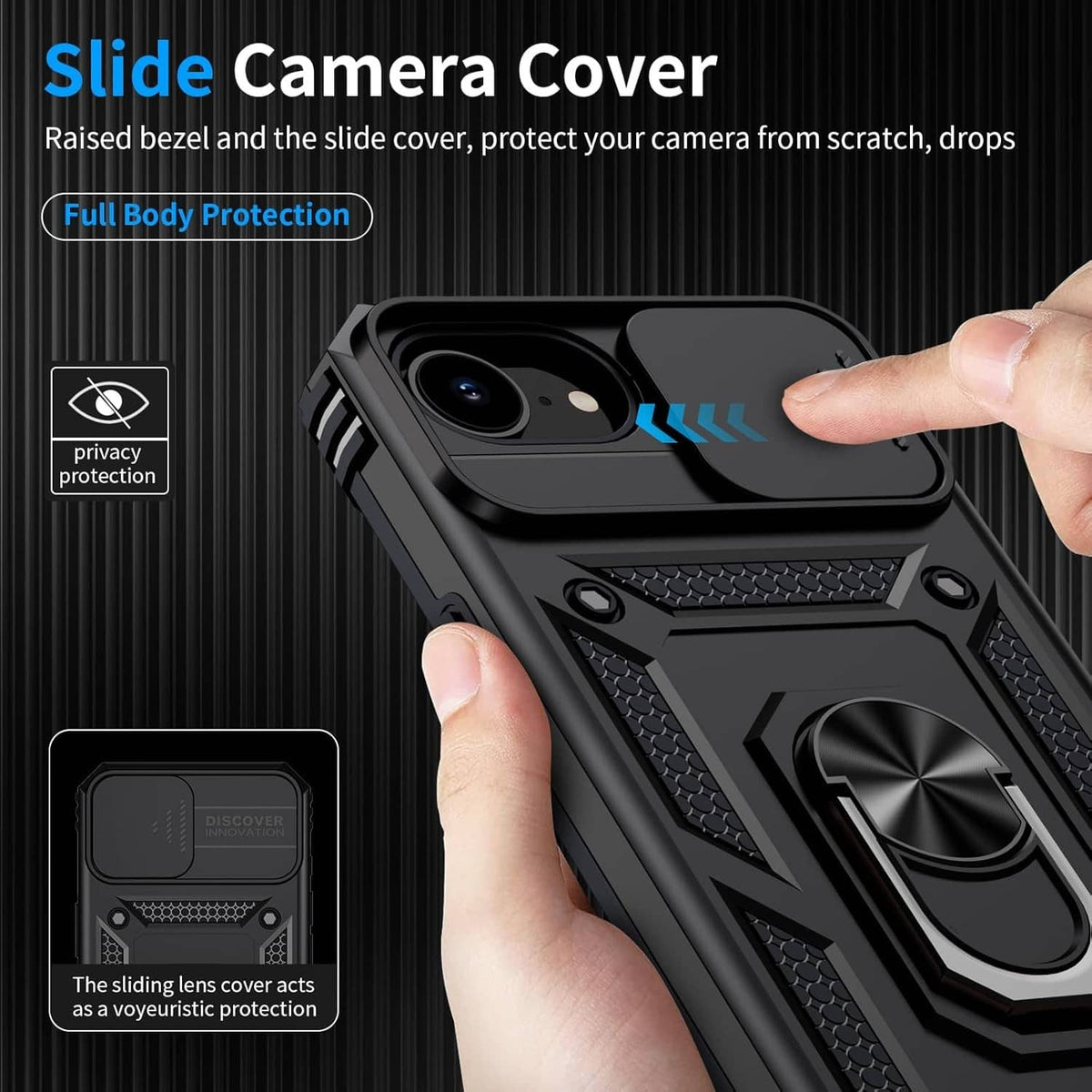 Black rugged iPhone case with sliding camera lens cover and textured grip